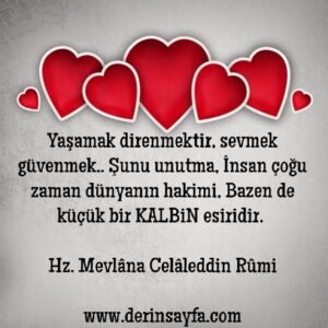 Yaşamak direnmektir, sevmek güvenmek.. Şunu unutma, İnsan çoğu zaman dünyanın hakimi.. Hz. Mevlana