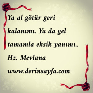 Ya al götür geri kalanımı. Ya da gel tamamla eksik yanımı.. Hz. Mevlana
