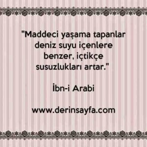 "Maddeci yaşama tapanlar deniz suyu içenlere benzer, içtikçe susuzlukları artar." İbn-i Arabi