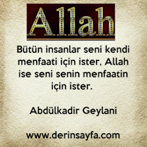 Bütün insanlar seni kendi menfaati için ister, Allah ise seni senin menfaatin için ister. Abdülkadir Geylani