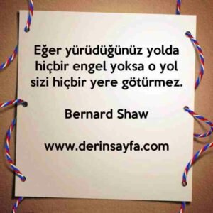 Eğer yürüdüğünüz yolda hiçbir engel yoksa o yol sizi hiçbir yere götürmez.
– Bernard Shaw