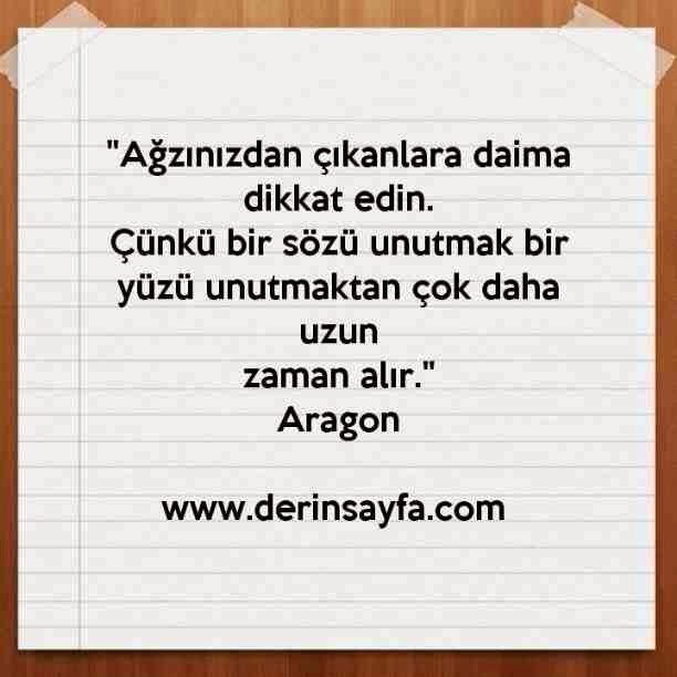 "Ağzınızdan çıkanlara daima dikkat edin.
Çünkü bir sözü unutmak bir yüzü unutmaktan.."
– Aragon