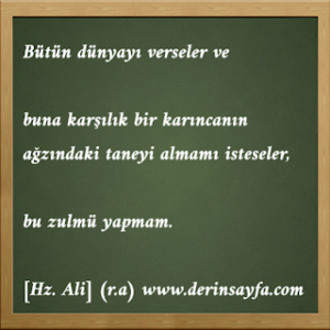 Bütün dünyayı verseler ve buna karşılık bir karıncanın ağzındaki daneyi almamı isteseler, bu zulmü yapmam.