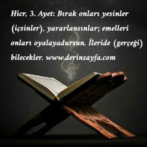 Bırak onları yesinler (içsinler), yararlansınlar; emelleri onları oyalayadursun. İleride (gerçeği) bilecekler.15