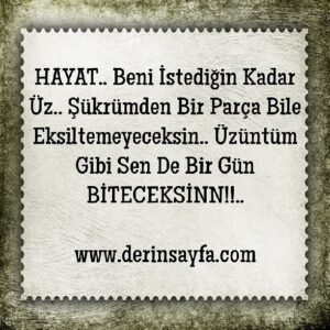 HAYAT.. Beni İstediğin Kadar Üz.. Şükrümden Bir Parça Bile Eksiltemeyeceksin..  Üzüntüm Gibi Sen De Bir Gün BİTECEKSİNN!!..
