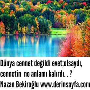 Dünya cennet değildi evet;
olsaydı, cennetin ne anlamı kalırdı..?
Nazan Bekiroğlu