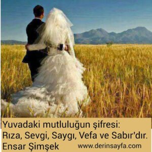 Yuvadaki mutluluğun şifresi:
Rıza, Sevgi, Saygı, Vefa ve Sabır’dır.
Ensar Şimşek