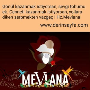Gönül kazanmak istiyorsan, sevgi tohumu ek.
Cenneti kazanmak istiyorsan, yollara diken serpmekten vazgeç !

Hz.Mevlana