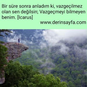 Bir süre sonra anladım ki, vazgeçilmez olan sen değilsin; Vazgeçmeyi bilmeyen benim.

[Icarus]