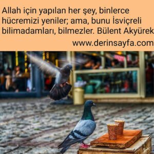 Allah için yapılan her şey, binlerce hücremizi yeniler; ama, bunu İsviçreli bilimadamları, bilmezler.

– Bülent Akyürek