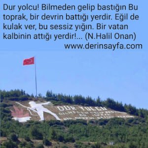 Dur yolcu!Bilmeden gelip bastığınBu toprak, bir devrin battığı yerdir. (N.Halil Onan)