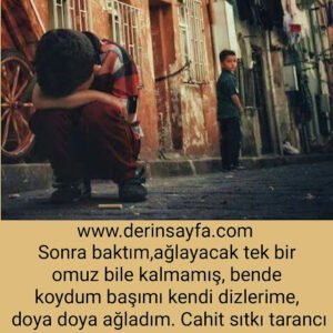 Sonra baktım, ağlayacak tek bir omuz bile kalmamış, bende koydum başımı kendi dizlerime, doya doya ağladım.
Cahit sıtkı tarancı.