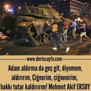 Adam aldırma da geç git, diyemem, aldırırım,
Çiğnerim, çiğnenirim, hakkı tutar kaldırırım!

Mehmet Akif ERSOY