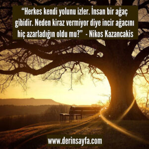 “Herkes kendi yolunu izler. İnsan bir ağaç gibidir. Neden kiraz vermiyor diye incir ağacını hiç azarladığın oldu mu?”  – Nikos Kazancakis