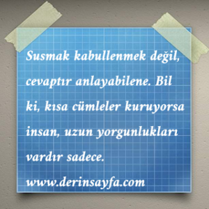 Susmak kabullenmek değil, cevaptır anlayabilene. Bil ki, kısa cümleler kuruyorsa insan, uzun yorgunlukları vardır sadece.