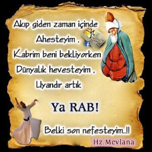 Akıp giden zaman içinde ahesteyim ,  Kabrim beni bekliyorken dünyalık hevesteyim