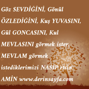 Göz SEVDİĞİNİ, Gönül ÖZLEDİĞİNİ,  Kuş YUVASINI, Gül GONCASINI, Kul MEVLASINI görmek ister, MEVLAM görmek istediklerimizi NASİP etsin. AMİN