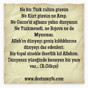 Allah'ın dünyayı geniş kıldıklarına dünyayı dar edenleri;
Bir topal sinekle ibretlik kıl Allahım. Bedirhan Gökçe