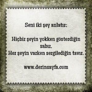 “Seni iki şey anlatır;  Hiçbir şeyin yokken gösterdiğin sabır, Her şeyin varken sergilediğin tavır.”