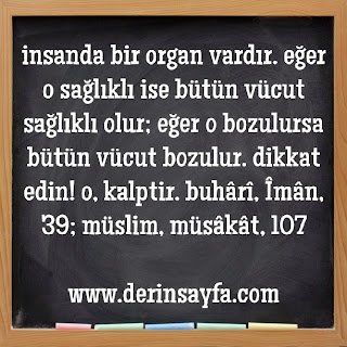 insanda bir organ vardır. eğer o sağlıklı ise bütün vücut sağlıklı olur; eğer o bozulursa bütün vücut bozulur. dikkat edin! o, kalptir