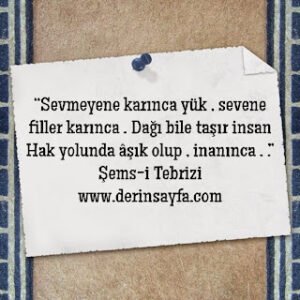 “Sevmeyene karınca yük , sevene filler karınca . Dağı bile taşır insan Hak yolunda âşık olup , inanınca . .”  Şems