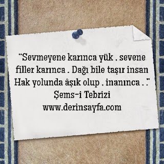 “Sevmeyene karınca yük , sevene filler karınca . Dağı bile taşır insan Hak yolunda âşık olup , inanınca . .”  Şems