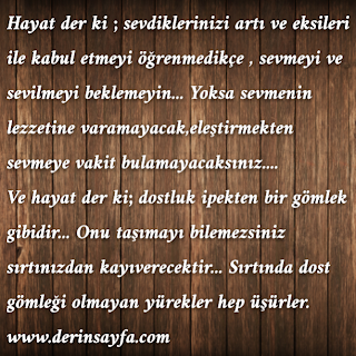 Hayat der ki ; sevdiklerinizi artı ve eksileri ile kabul etmeyi öğrenmedikçe , sevmeyi ve sevilmeyi beklemeyin…
