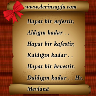 Hayat bir nefestir, Aldığın kadar . .  Hayat bir kafestir, Kaldığın kadar . . Hayat bir hevestir, Daldığın kadar . . Hz. Mevlânâ