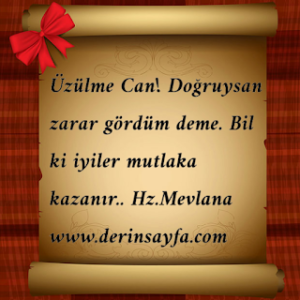 Üzülme Can! Doğruysan zarar gördüm deme.  Bil ki iyiler mutlaka kazanır..  Hz.Mevlana