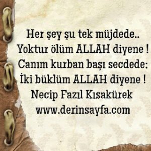 Her şey şu tek müjdede.. Yoktur ölüm ALLAH diyene ! Canım kurban başı secdede; İki büklüm ALLAH diyene !
