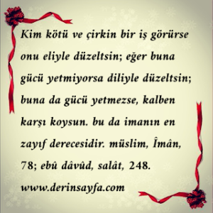 kim kötü ve çirkin bir iş görürse onu eliyle düzeltsin; eğer buna gücü yetmiyorsa diliyle düzeltsin