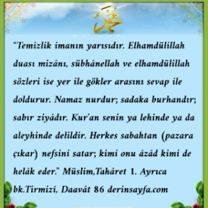 “Temizlik imanın yarısıdır. Elhamdülillah duası mizânı, sübhânellah ve elhamdülillah sözleri ise.. Müslim