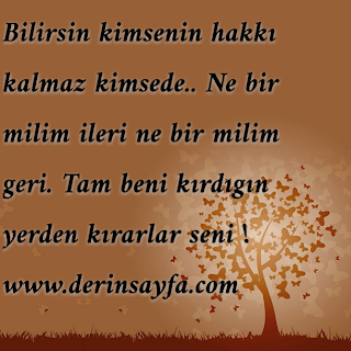 Bilirsin kimsenin hakkı kalmaz kimsede.. Ne bir milim ileri ne bir milim geri. Tam beni kırdıgın yerden kırarlar seni !