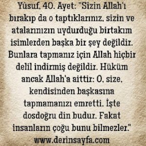 Hüküm ancak Allah’a aittir – YÛSUF – 40 Meali